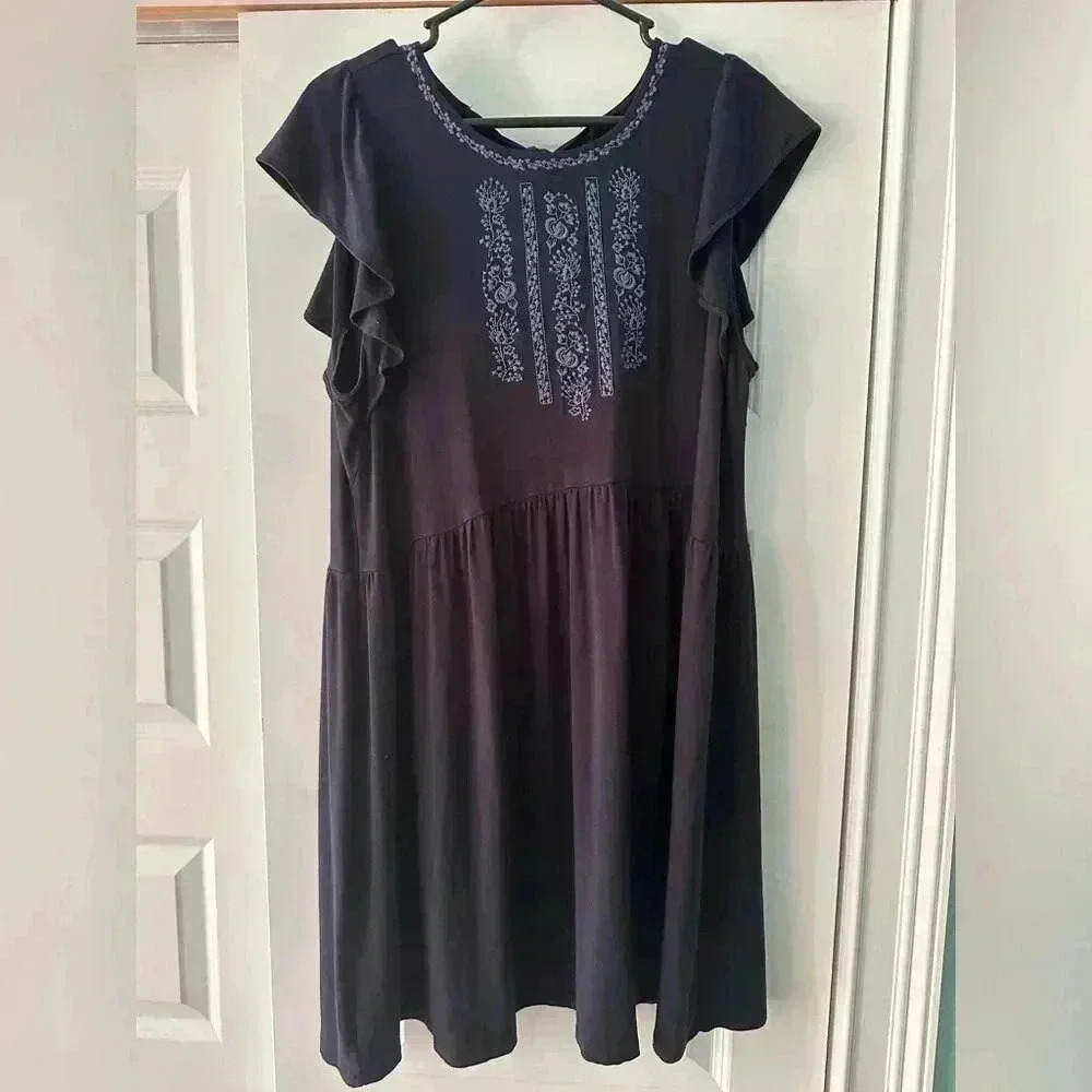 LOFT Women's Boho Dress Large Navy Blue Embroidered Flutter Sleeve Back Tie EUC!